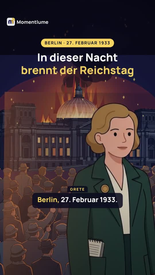Der brennende Reichstag, davor eine Menschenmenge und die Reporterin Grete